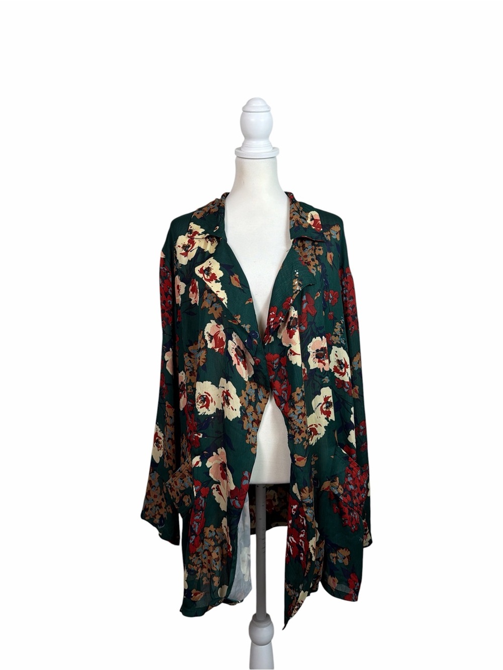 KORI America Medium Green Floral Open Front Duster Jacket Boho Pockets